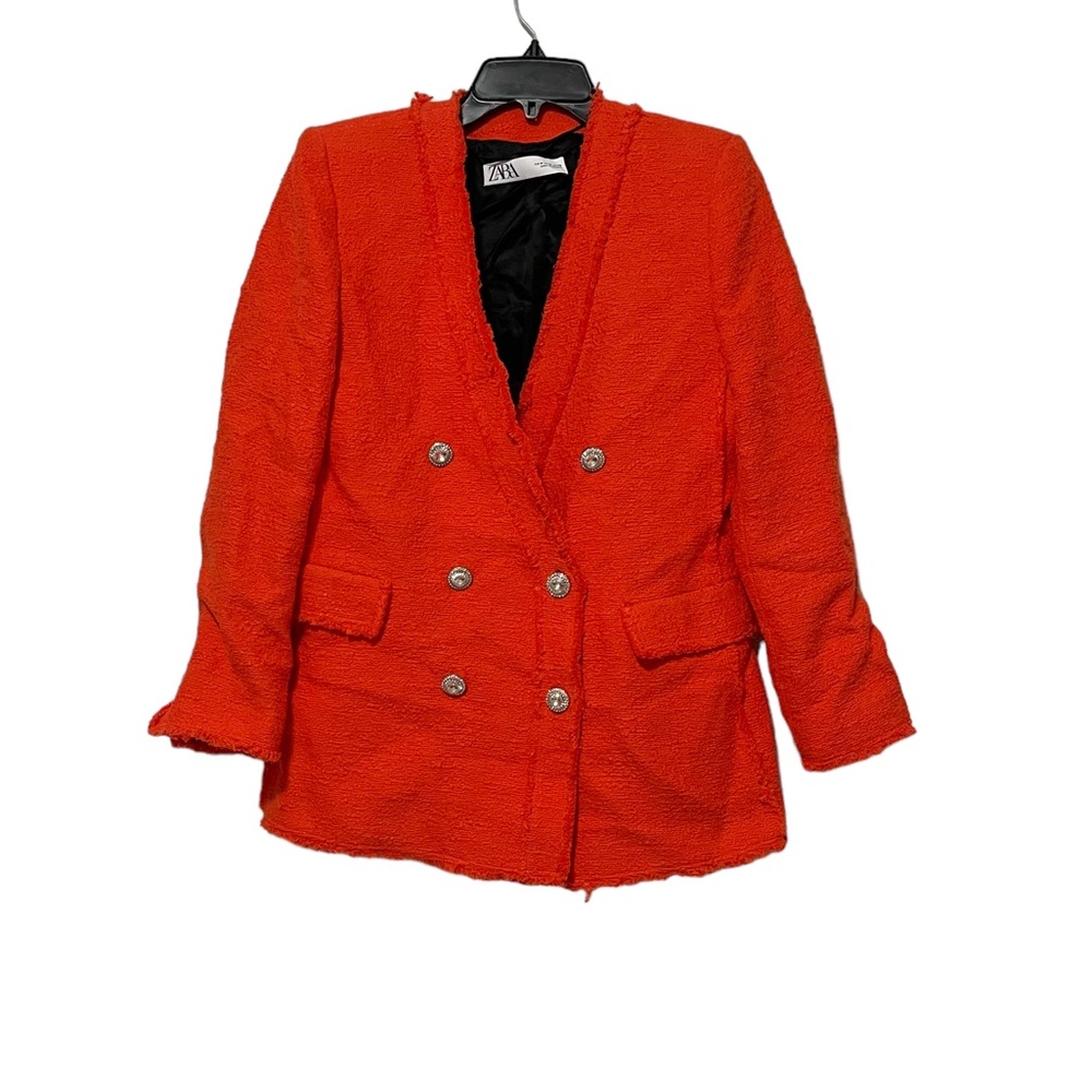 Zara Red Orange Tweed Jewel Button Front Blazer Jacket Size Medium